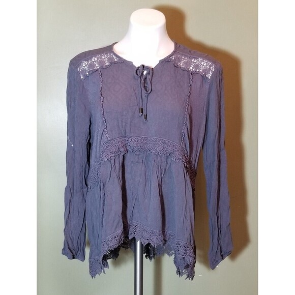 Knox Rose Womens Crinkle Lace Trim Peasant Boho Blouse Top Dark Gray Size XXL - Picture 11 of 11